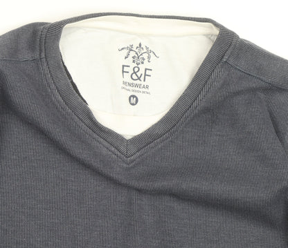 F&F Mens Grey V-Neck Long Sleeve Cotton Jumper Size M
