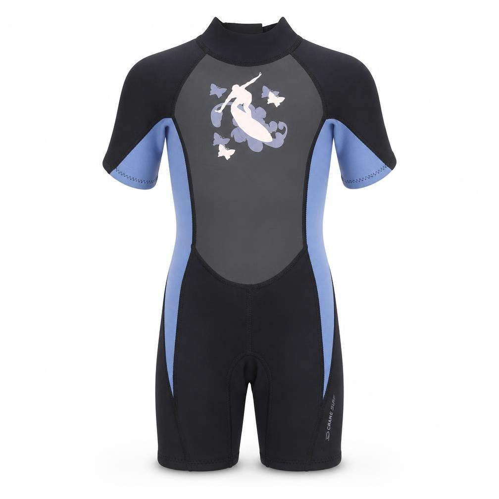 Front view of Crane Surf boys’ blue & black 5-6 years short sleeve wetsuit