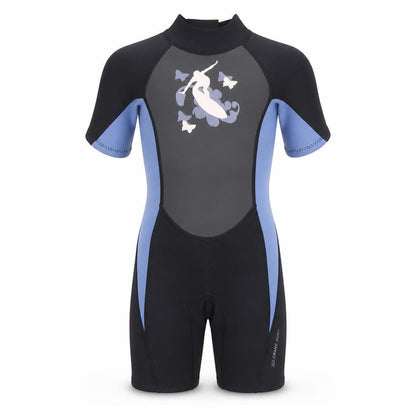 Front view of Crane Surf boys’ blue & black 5-6 years short sleeve wetsuit