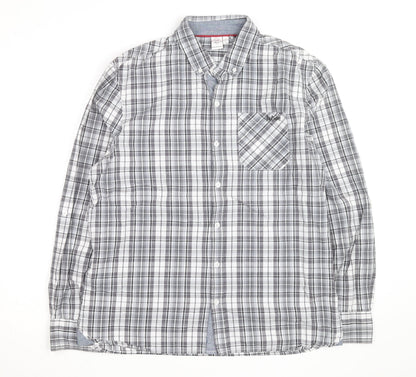 Lee Cooper Men's Grey Plaid Cotton Button-Up Shirt L