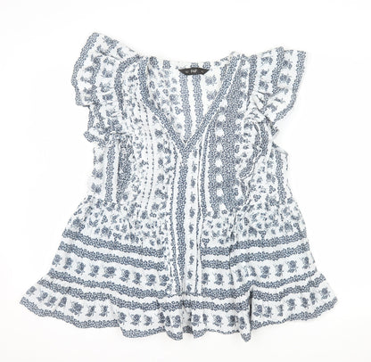 F&F Women’s Blue Floral Cotton Ruffle V-Neck Tunic Blouse Size 12