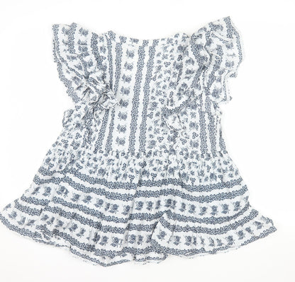 F&F Women’s Blue Floral Cotton Ruffle V-Neck Tunic Blouse Size 12