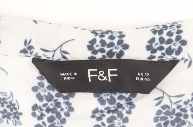 F&F Women’s Blue Floral Cotton Ruffle V-Neck Tunic Blouse Size 12
