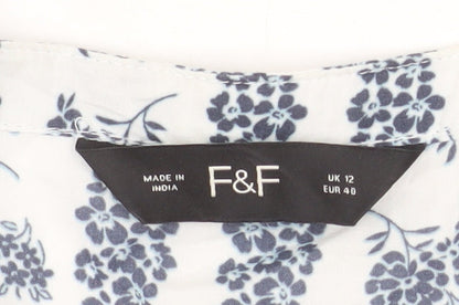 F&F Women’s Blue Floral Cotton Ruffle V-Neck Tunic Blouse Size 12