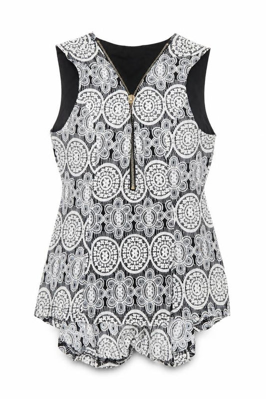 QUIZ Womens Black White Floral Sleeveless Zip Tunic Top Size 14