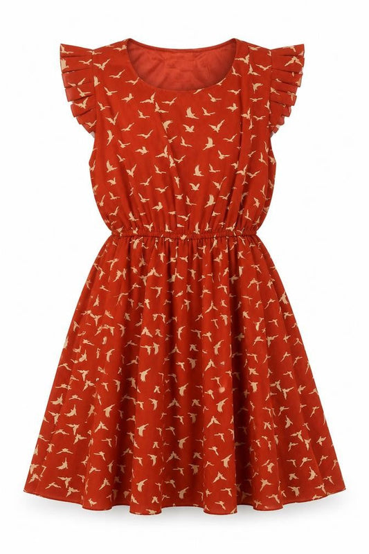 Shikha London Women’s Red Bird Print Ruffle Fit & Flare Dress M