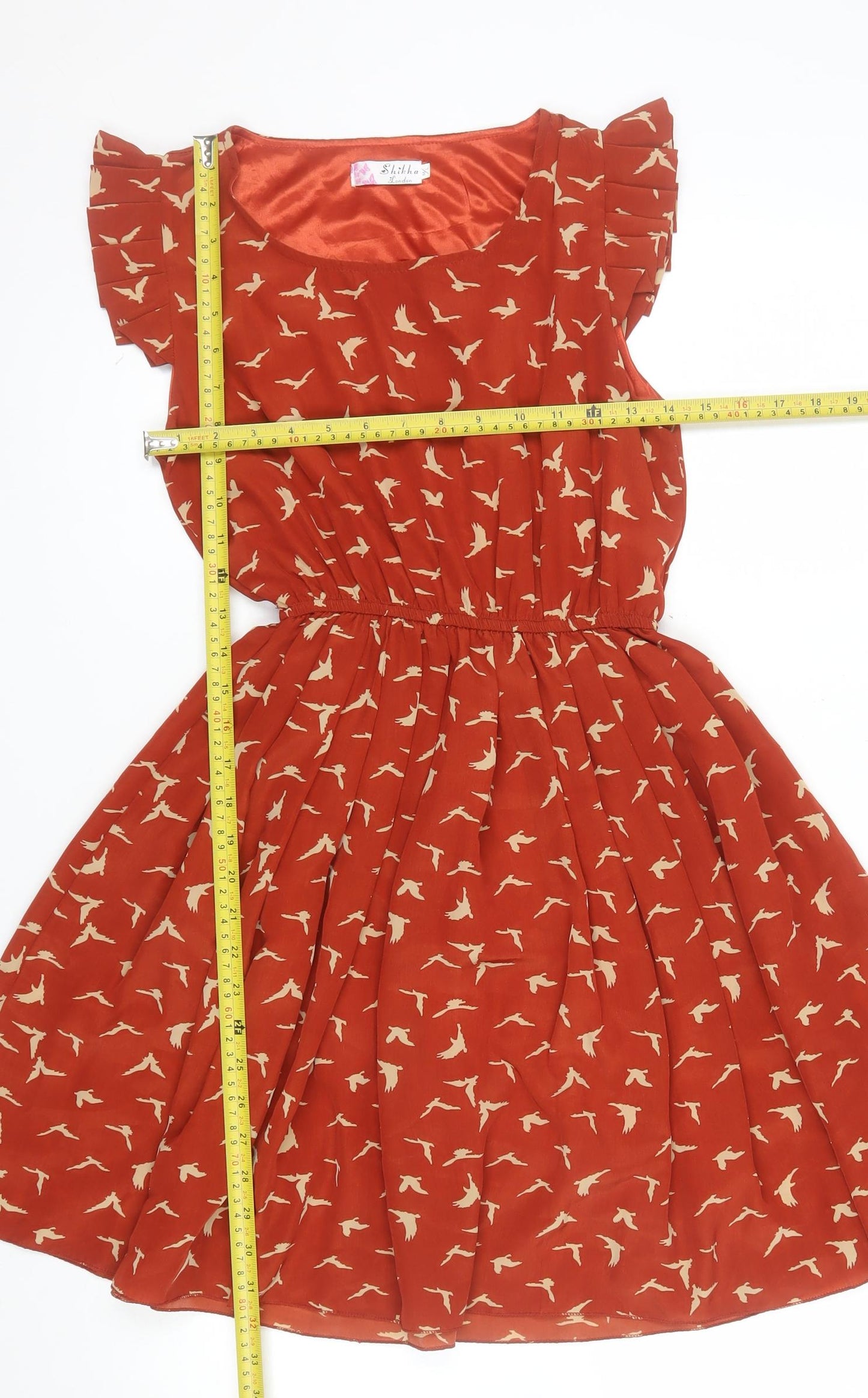Shikha London Women’s Red Bird Print Ruffle Fit & Flare Dress M