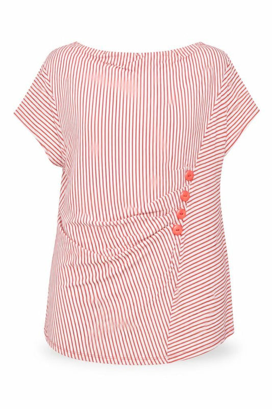 Front view of Soon Women's Red Striped Jersey Button Blouse, size 14