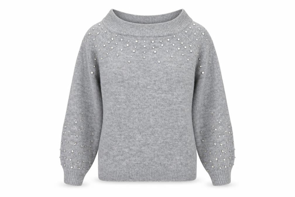Papaya Women's Grey Beaded Knit Boat Neck Jumper Size M