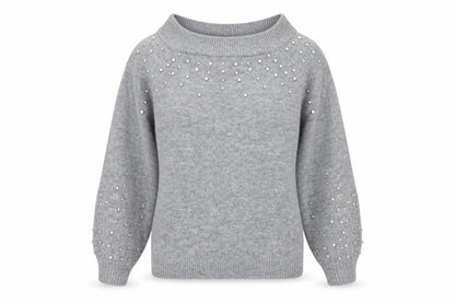 Papaya Women's Grey Beaded Knit Boat Neck Jumper Size M