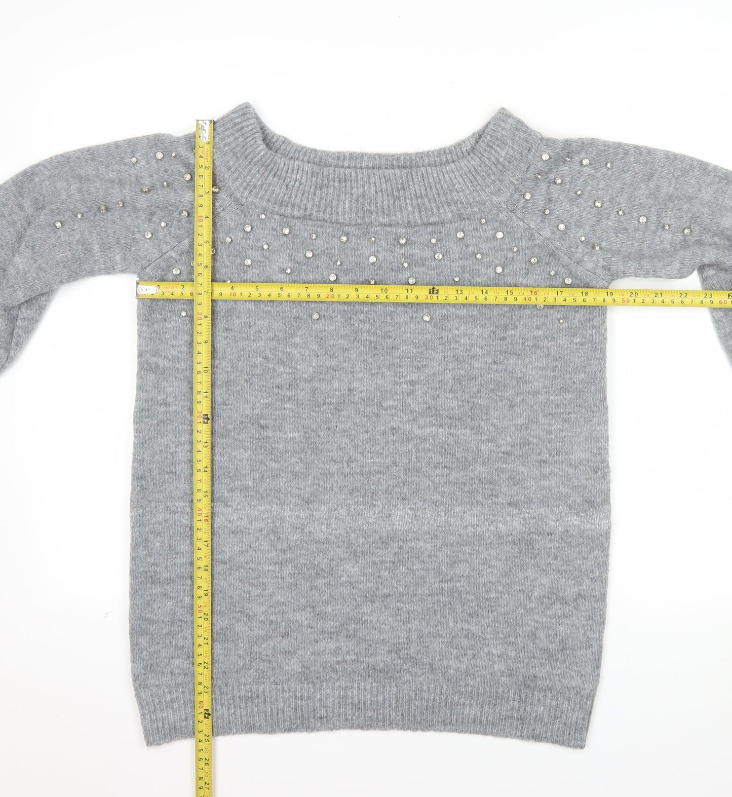 Papaya Women's Grey Beaded Knit Boat Neck Jumper Size M