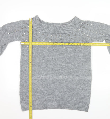 Papaya Women's Grey Beaded Knit Boat Neck Jumper Size M