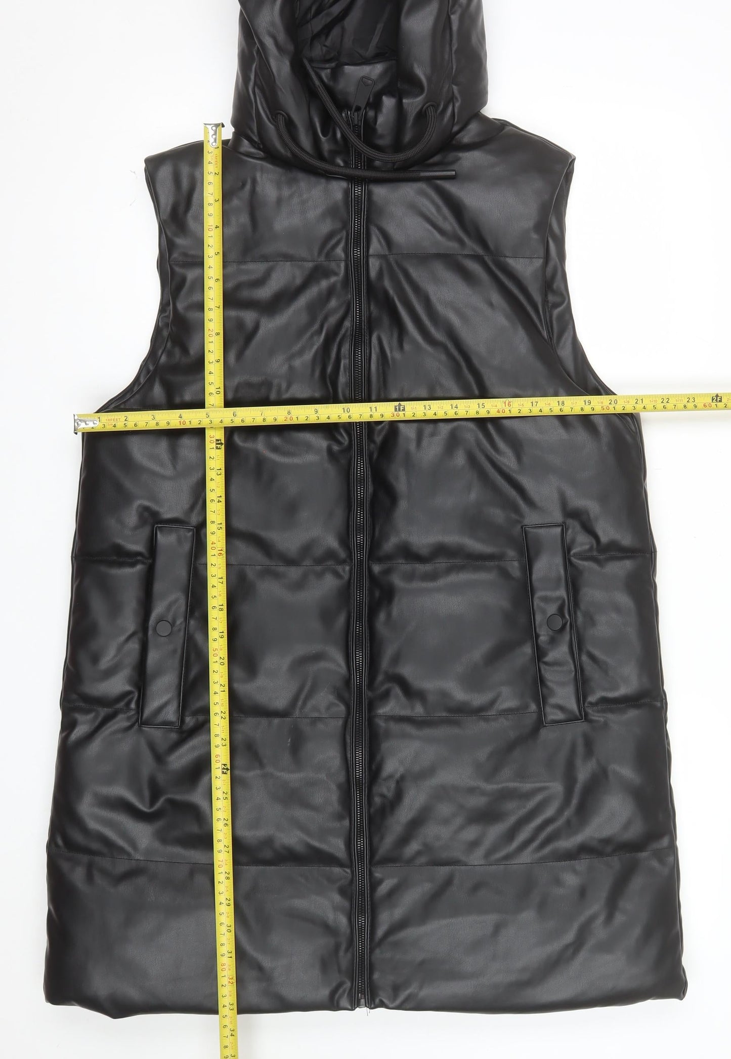 Primark Women Black Faux Leather Hooded Padded Waistcoat M