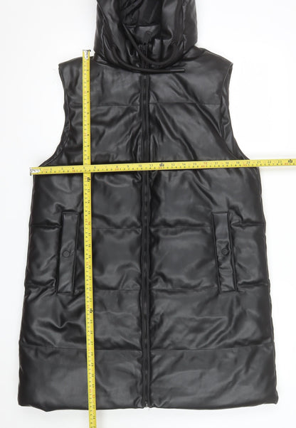 Primark Women Black Faux Leather Hooded Padded Waistcoat M