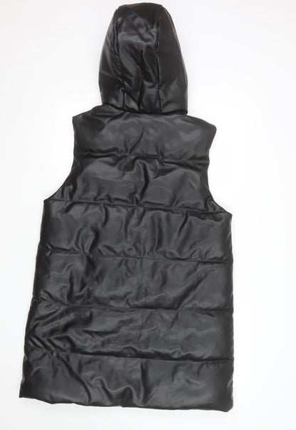 Primark Women Black Faux Leather Hooded Padded Waistcoat M