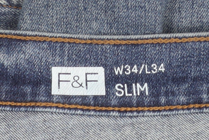 F&F Men's Blue Slim Fit Mid Rise Straight Leg Jeans W34 L34