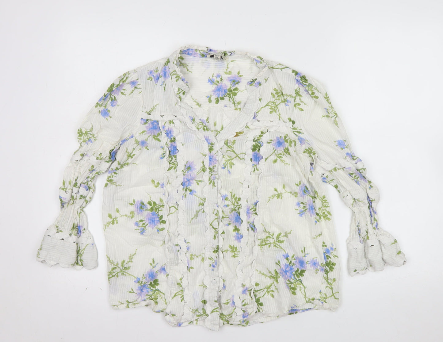 Love & Roses Womens White Floral Ruffle Cotton Blouse UK 12
