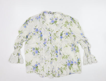 Love & Roses Womens White Floral Ruffle Cotton Blouse UK 12