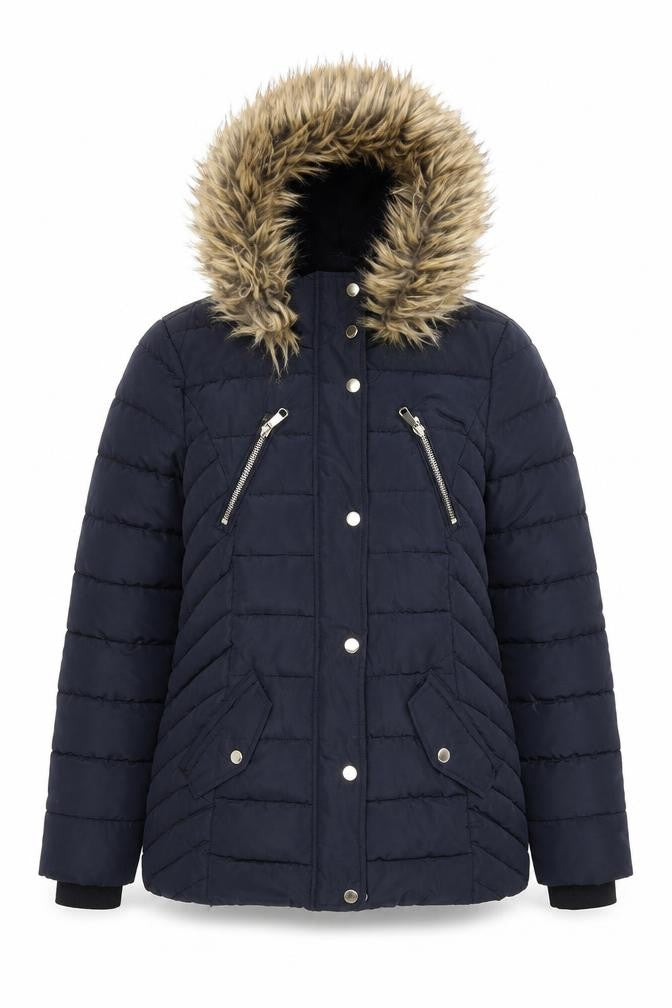 F&F Womens Blue Mid-Length Puffer Coat Size 10 Hooded Fur Trim