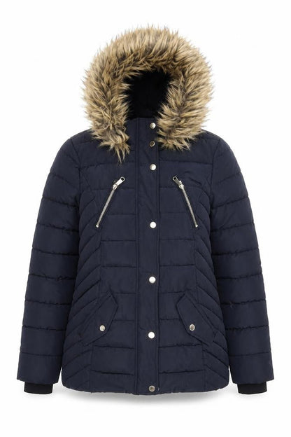 F&F Womens Blue Mid-Length Puffer Coat Size 10 Hooded Fur Trim
