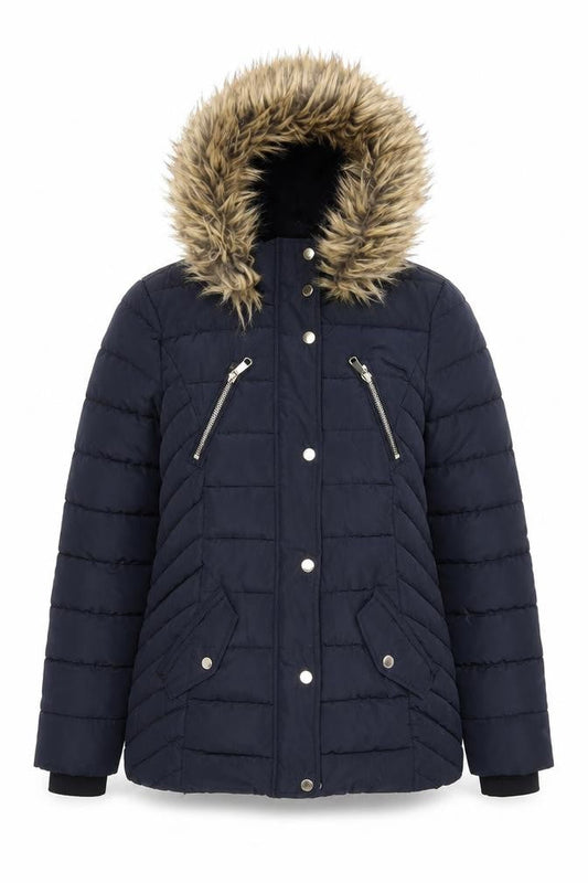 F&F Womens Blue Mid-Length Puffer Coat Size 10 Hooded Fur Trim