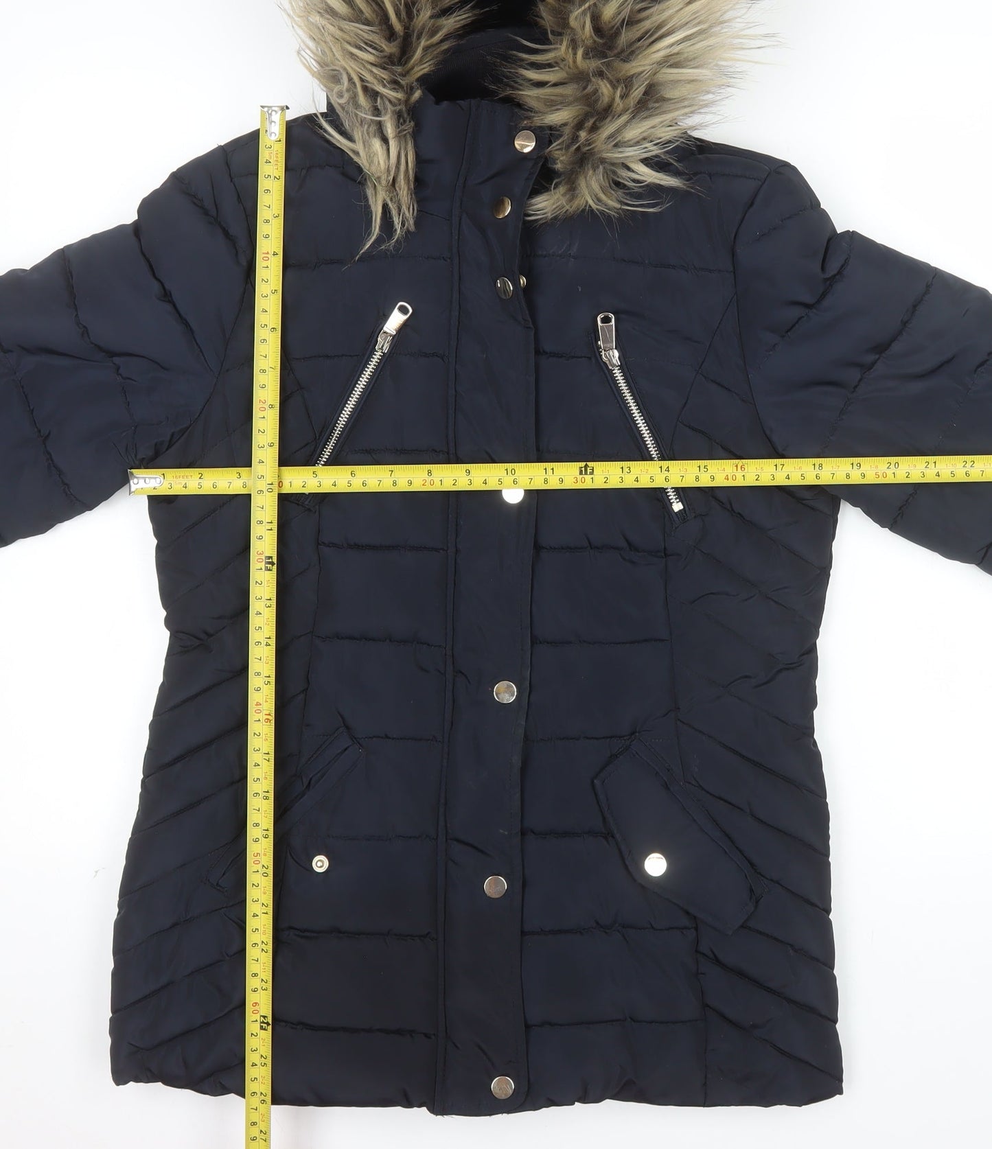 F&F Womens Blue Mid-Length Puffer Coat Size 10 Hooded Fur Trim