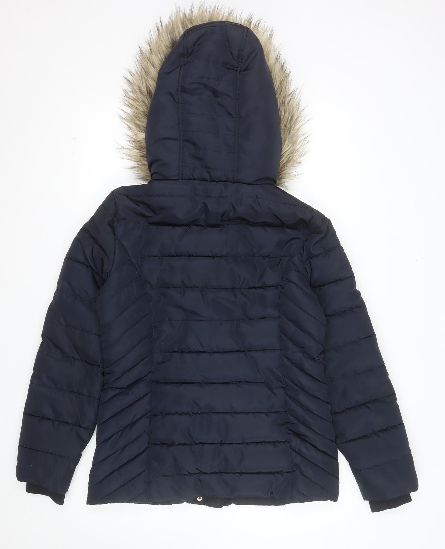 F&F Womens Blue Mid-Length Puffer Coat Size 10 Hooded Fur Trim