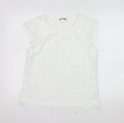Roman Women’s White Lace Floral Blouse Size 14 Short Sleeve Top