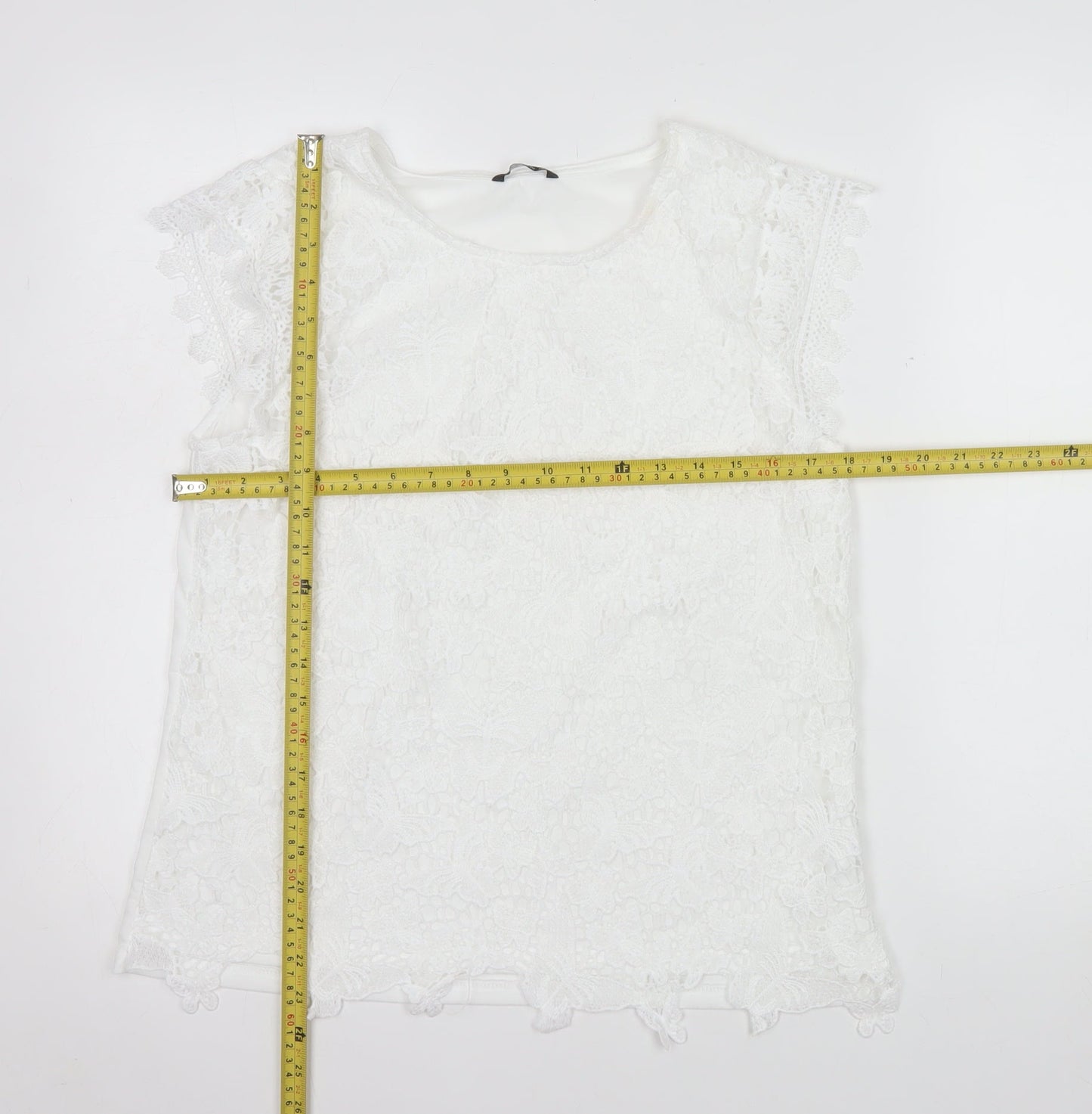 Roman Women’s White Lace Floral Blouse Size 14 Short Sleeve Top