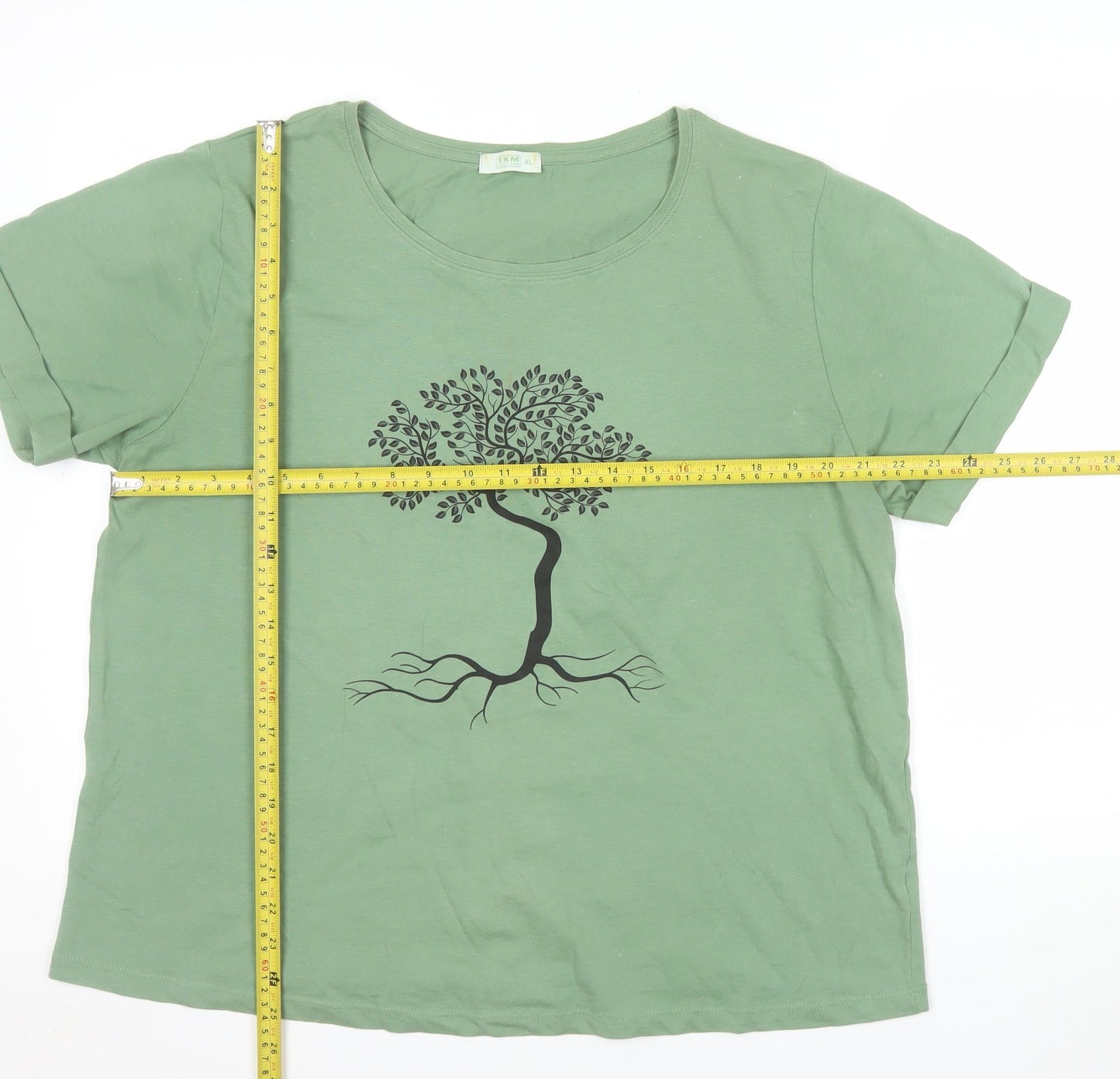 TXM Fashion Womens Green Tree Print Short Sleeve Cotton T-Shirt Size XL