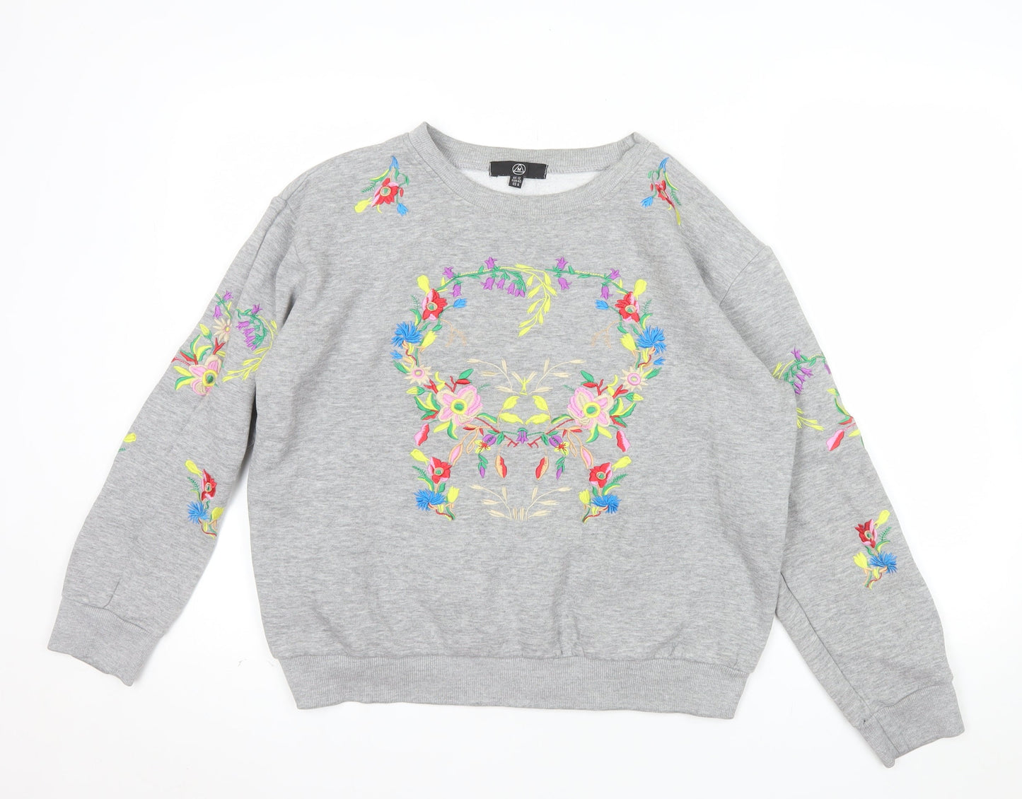Alternative Apparel Women Grey Embroidered Floral Skull Sweatshirt UK 12