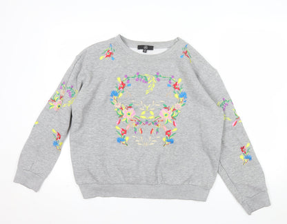 Alternative Apparel Women Grey Embroidered Floral Skull Sweatshirt UK 12