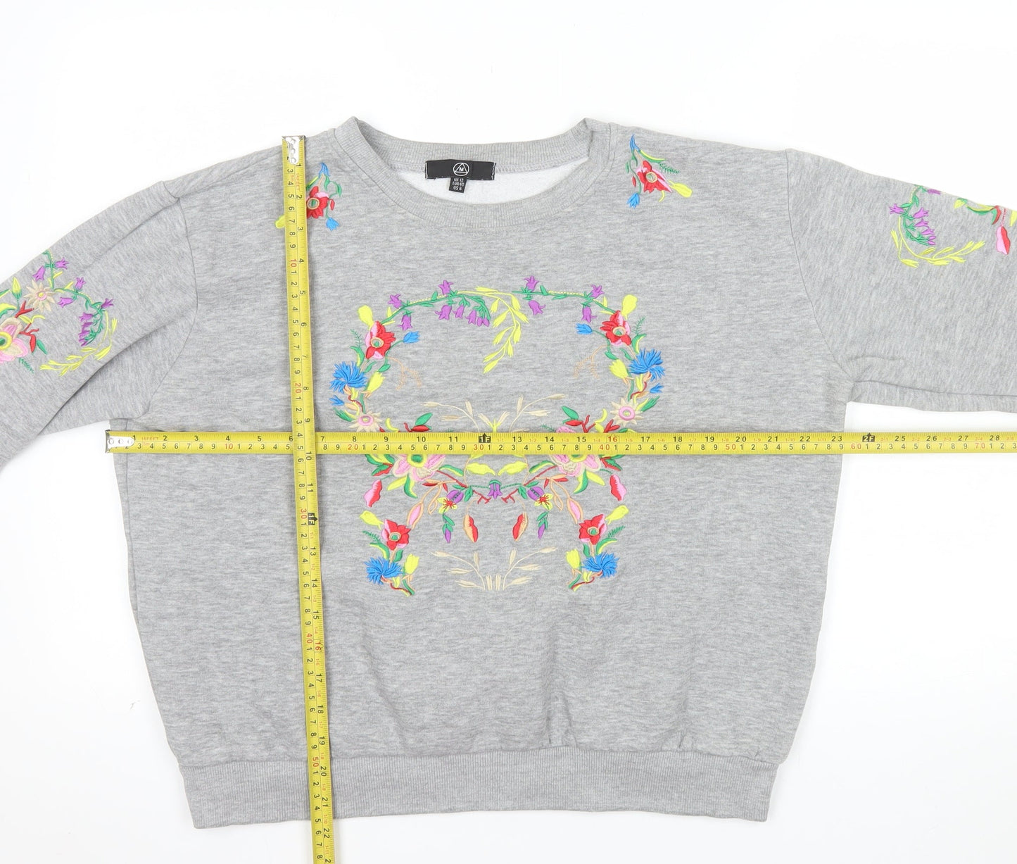 Alternative Apparel Women Grey Embroidered Floral Skull Sweatshirt UK 12