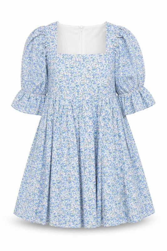 Front view of Missguided Maternity Blue Floral A-Line Puff Sleeve Dress UK 10
