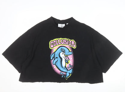 Collusion Womens Black Dolphin Cropped T-Shirt M Relaxed Fit