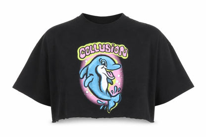 Collusion Womens Black Dolphin Cropped T-Shirt M Relaxed Fit