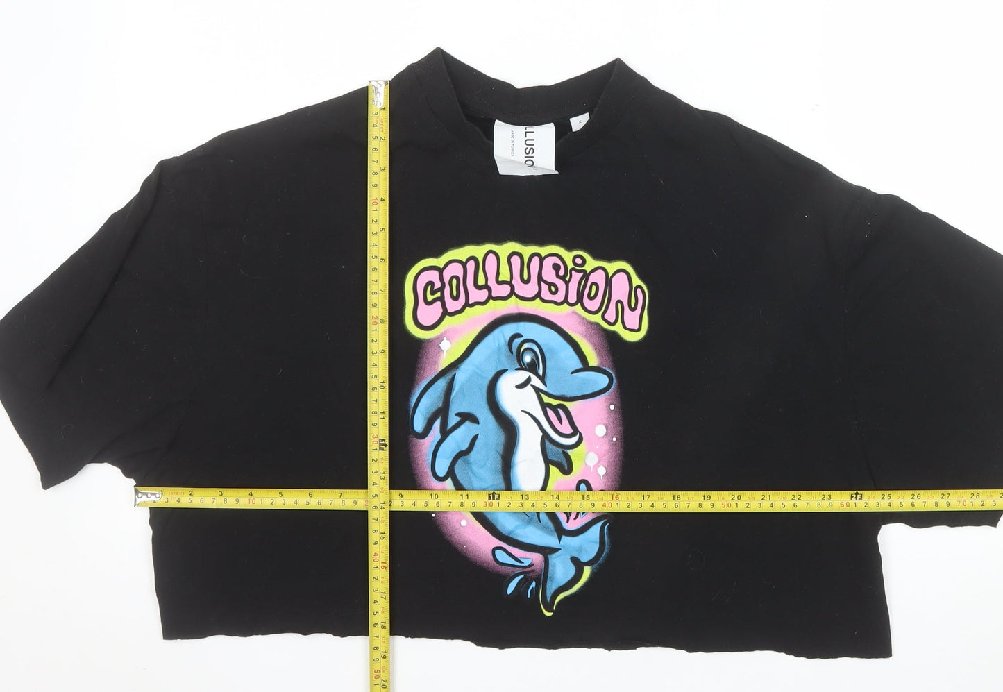 Collusion Womens Black Dolphin Cropped T-Shirt M Relaxed Fit