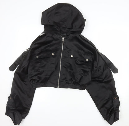 PrettyLittleThing Womens Black Cropped Hooded Bomber Jacket Size 10