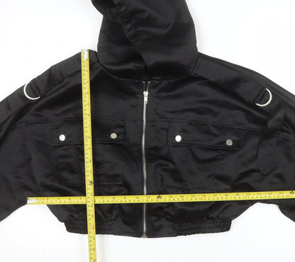 PrettyLittleThing Womens Black Cropped Hooded Bomber Jacket Size 10