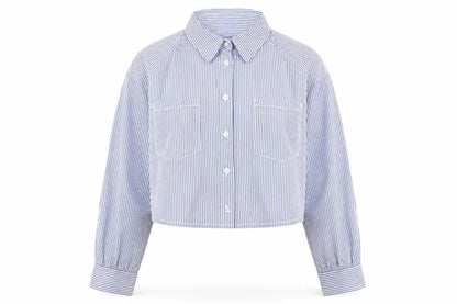 I Saw It First Women Blue Striped Cropped Button-Up Shirt Size 12