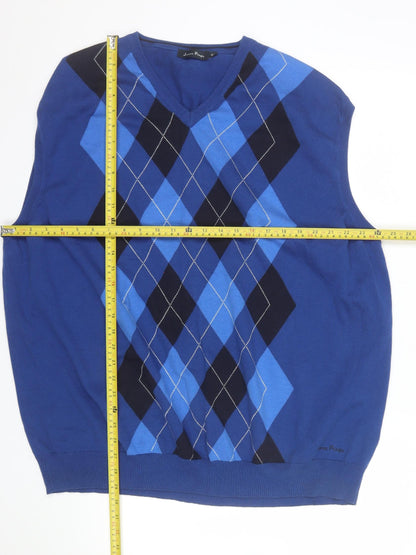 James Pringle Men's Blue Argyle Cotton Sleeveless Vest Jumper 2XL