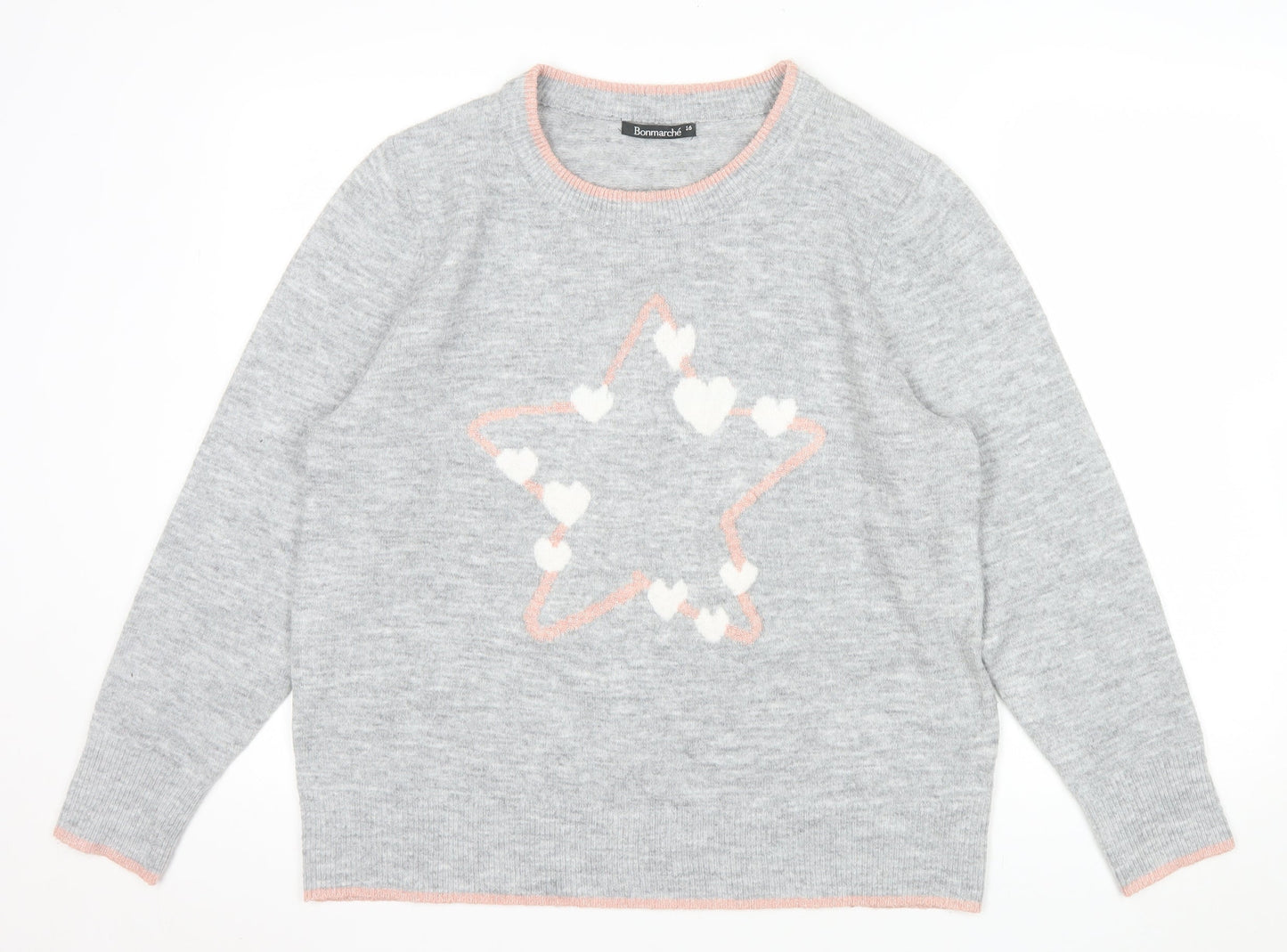 Bonmarché Women’s Grey Crew Neck Heart Star Jumper Size 16