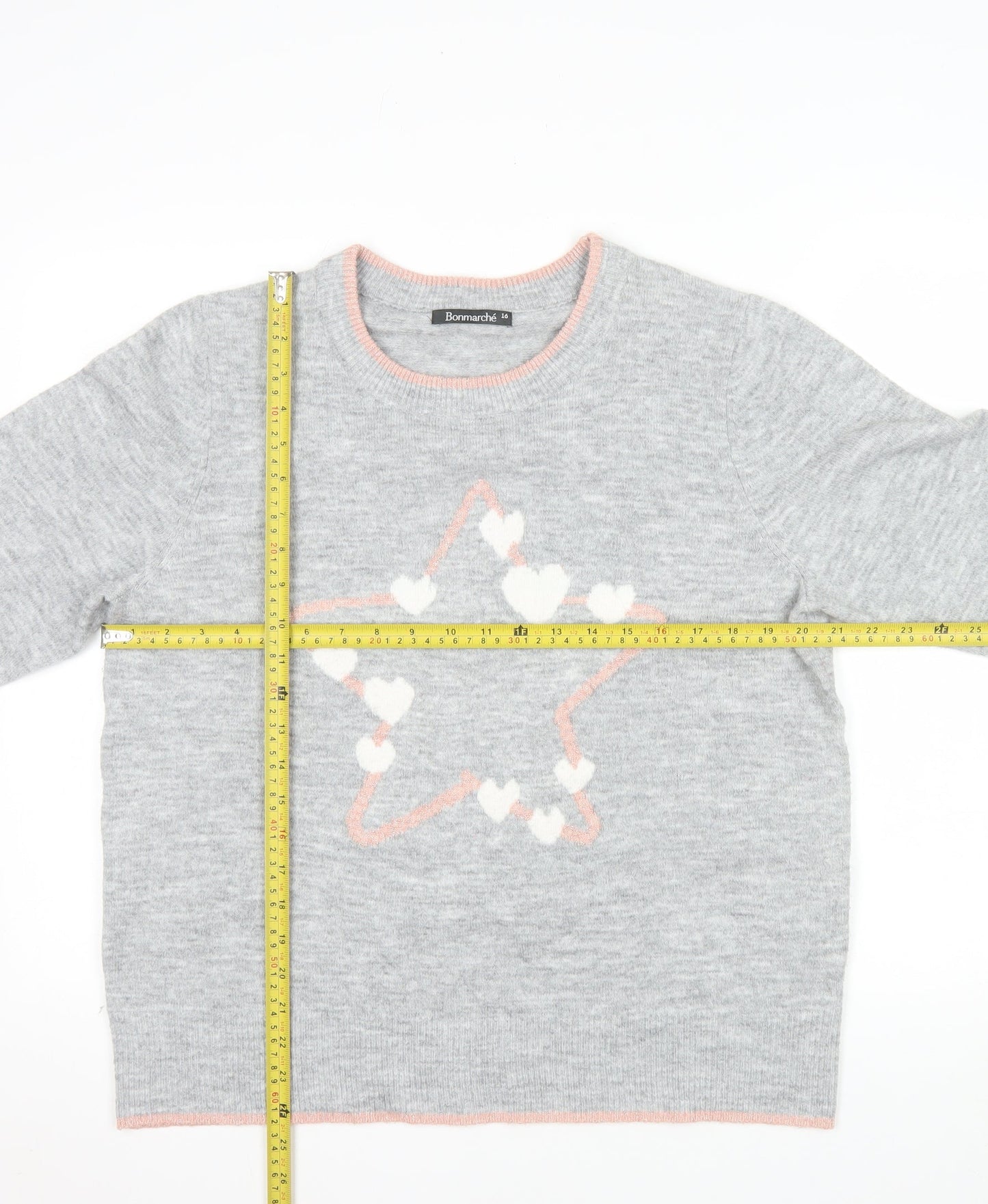 Bonmarché Women’s Grey Crew Neck Heart Star Jumper Size 16