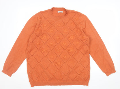 Damart Womens Orange Floral Knit Crew Neck Pullover Jumper L