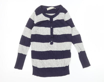 trf Knitwear Women's Multicoloured Striped Henley Cotton Jumper Size 8