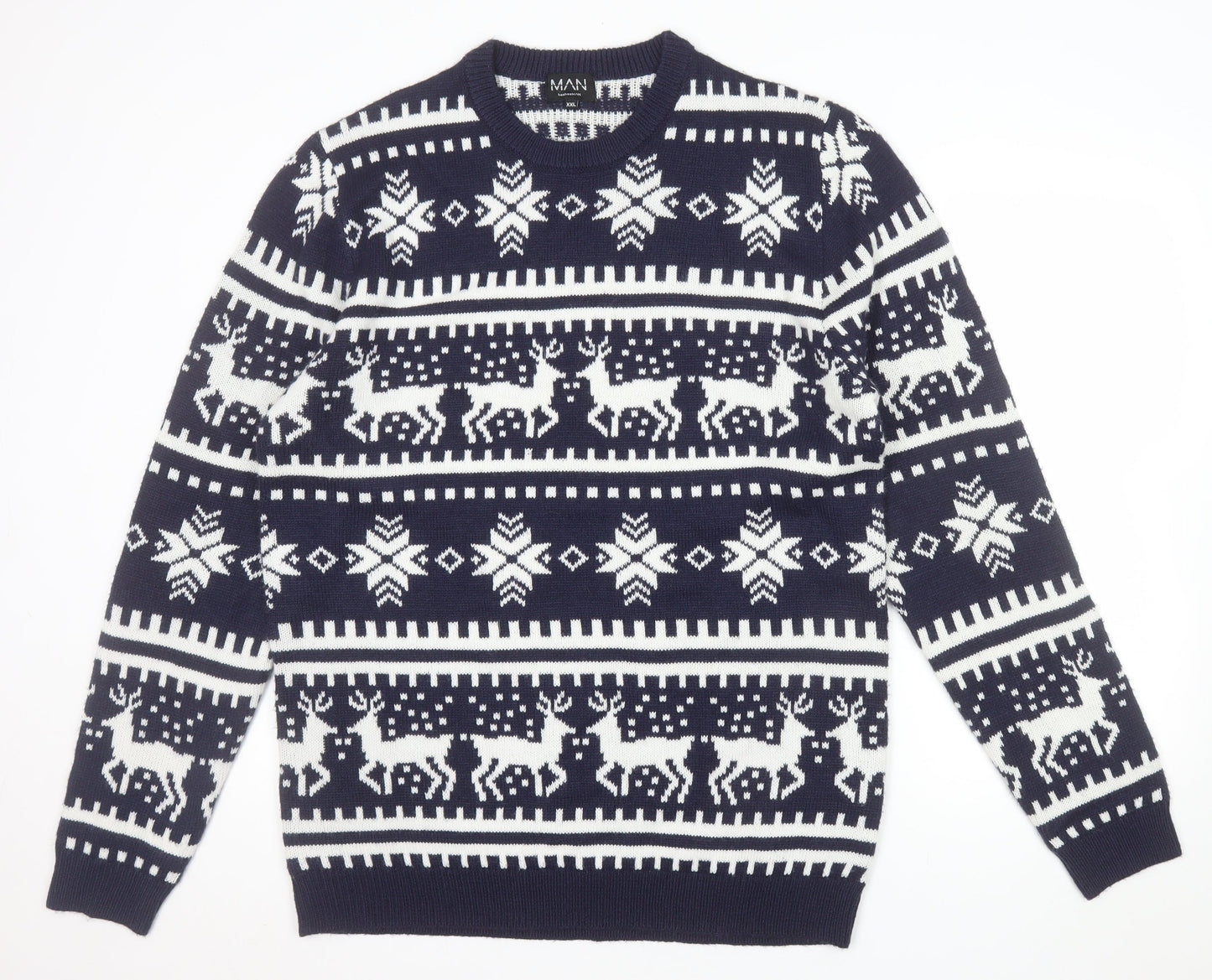 boohooMAN Men's Blue Fair Isle Christmas Jumper 2XL