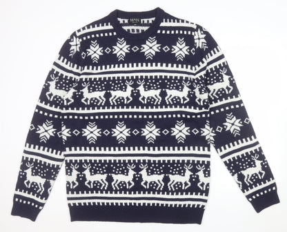 boohooMAN Men's Blue Fair Isle Christmas Jumper 2XL