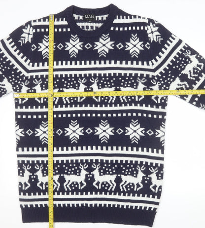boohooMAN Men's Blue Fair Isle Christmas Jumper 2XL