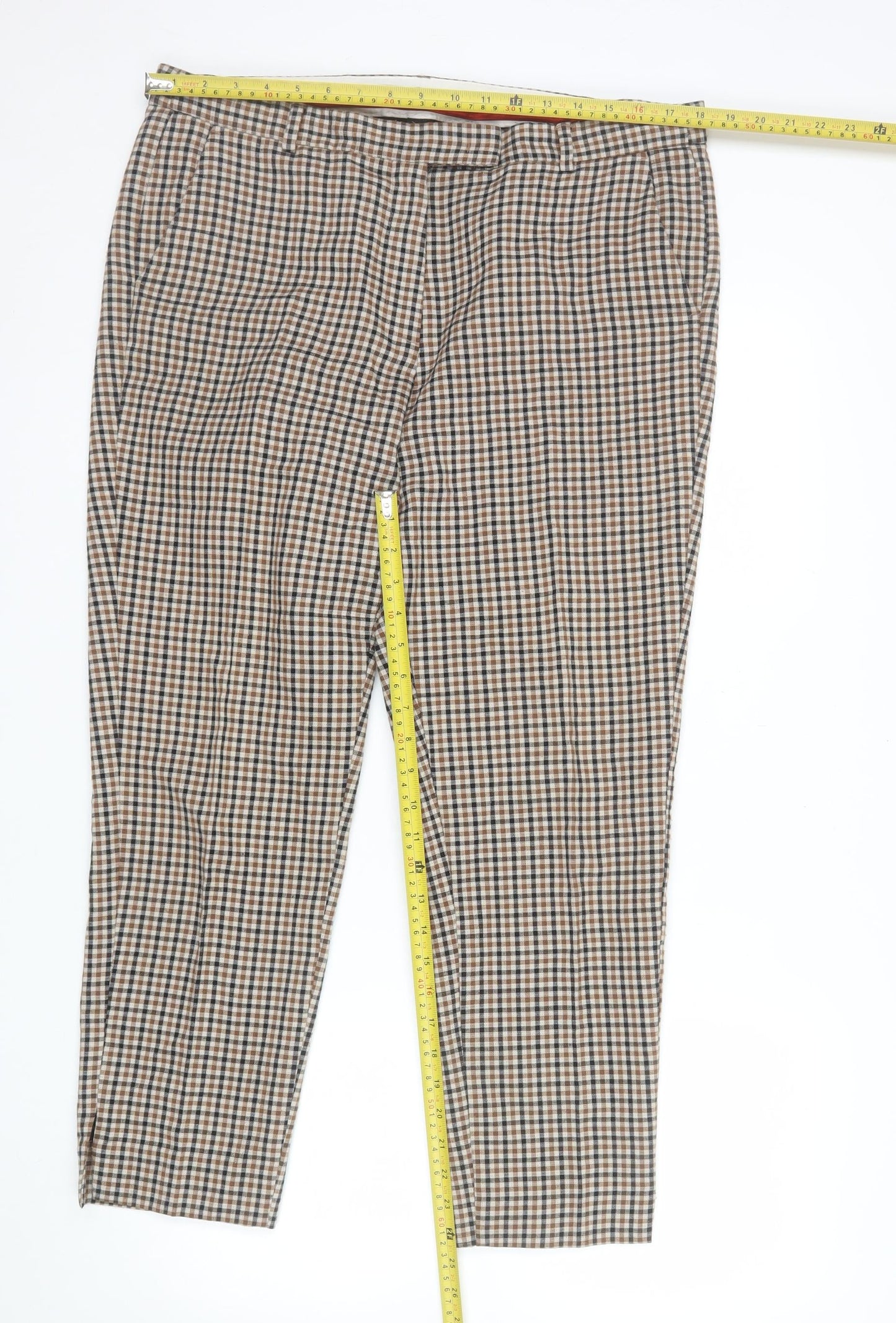 Marks and Spencer Women Brown Check Chino Trousers Size 16 Regular