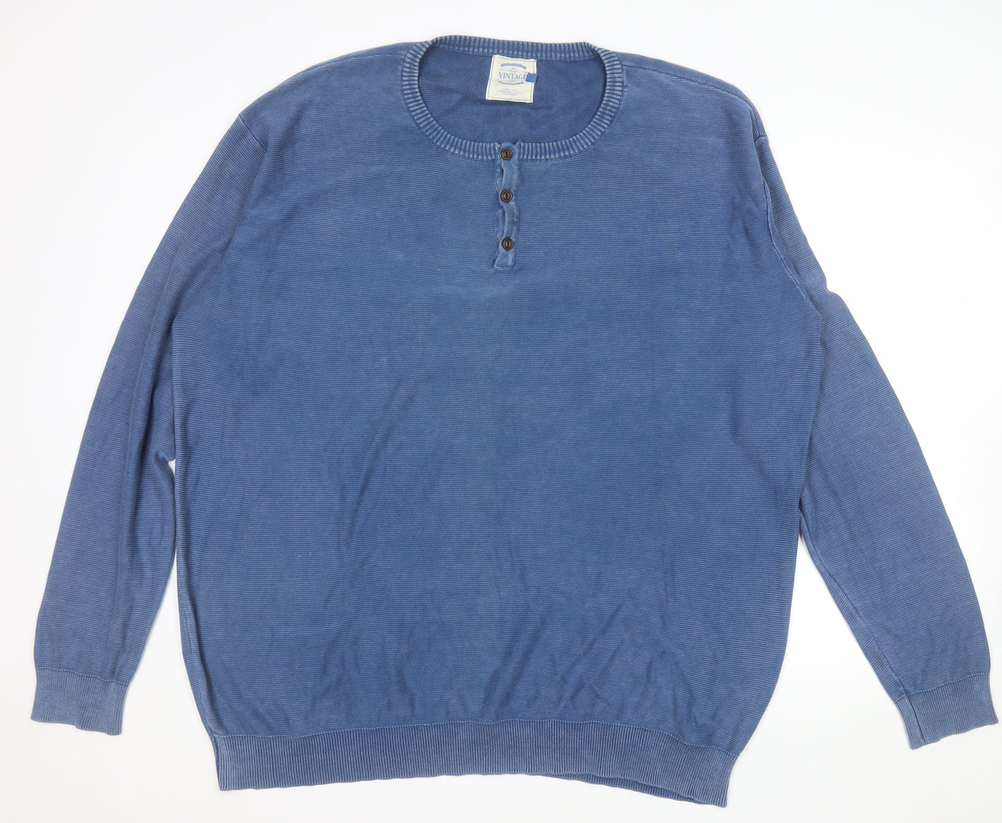 Vintage Men’s Blue 2XL Cotton Henley Jumper Long Sleeve Classic Fit